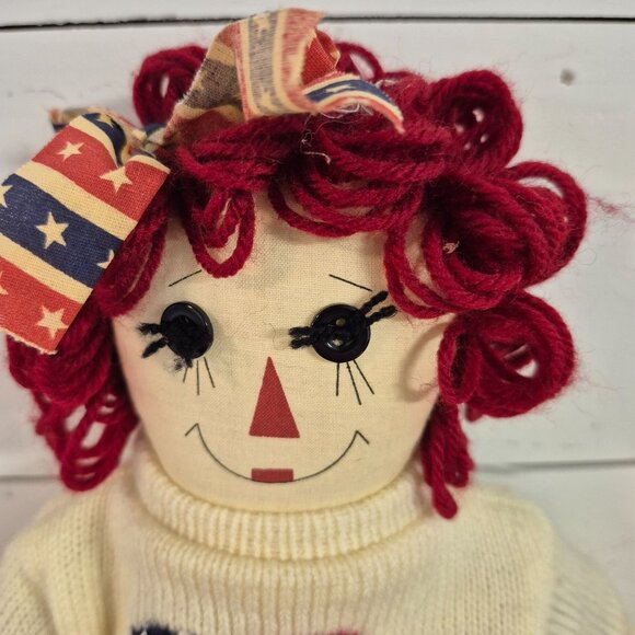 Vintage Raggedy Ann Sitting Doll With Patriotic Outfit Red Yarn Hair Doll 18" - Picture 2 of 6